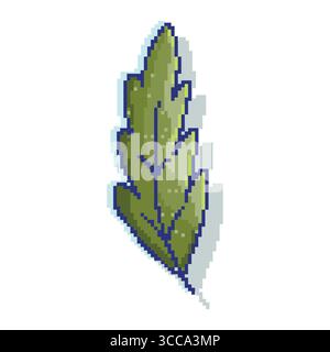 Pixel Art Green Leaf With Blue Outline And Vein Pattern. Classic retro foliage design, ideal for pixel botanical assets, gaming graphics, and seasonal Stock Vector