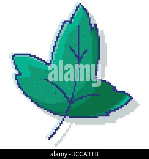 Pixel Art Dark Green Leaf With Blue Outline. Retro botanical design, great for 8-bit games, vintage illustrations, and sticker collections. Stock Vector
