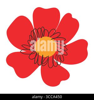 Red Petal Flower With Orange Center And Black Lines. Bold cartoon wild bloom perfect for invitations, cards, posters, holidays, stickers. Stock Vector