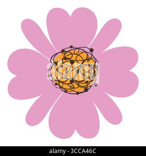 Pink Heart Petal Flower With Tangled Orange Center And Dots. Playful cartoon wild blossom with overlapping heart-shaped petals and a scribble-style Stock Vector