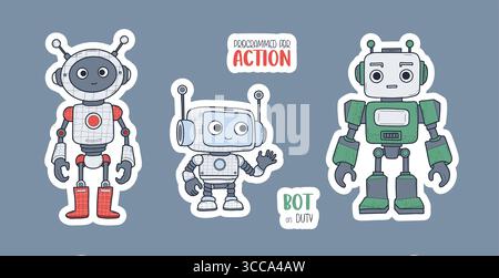 Futuristic Cute Robot Sticker Set. Isolated Cartoon Technology Assistant Characters, Avatar mascot with cool slogan. Vector illustration. Not AI. Kids Stock Vector