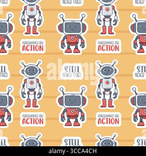 Seamless pattern Futuristic cute Robots toy Sticker on striped yellow background with cool slogan. Virtual Technology funny cartoon Assistant. Vector Stock Vector