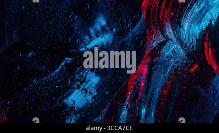 Abstract wet glass surface with vibrant red and blue neon reflections, water droplets, and dynamic curved brushstrokes. Stock Photo