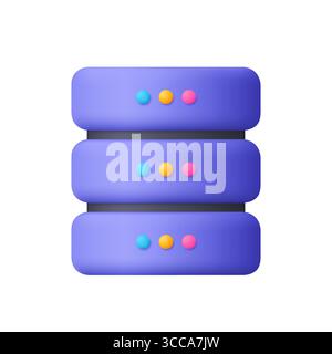 Purple server rack with three stacked units. Data memory and data center. Data storage, cloud computing, or web hosting concept. 3d vector icon. Carto Stock Vector