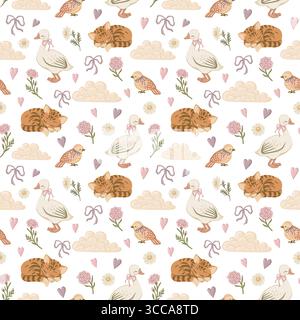 Cute sleeping cat goose and bird in pastel farm animal seamless pattern. Hand drawn coquette style with floral and ribbon bow. Great for textile and Stock Vector