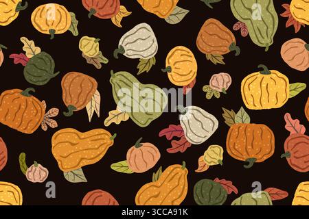 Seamless pattern with pumpkins and leaves creating a festive autumn atmosphere, ideal for Thanksgiving and Halloween celebrations or any fall themed p Stock Vector