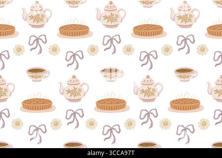 Pretty teapot and teacup with pie in pastel coquette seamless pattern. Hand drawn illustration with floral and ribbon. Great for kitchen textile and Stock Vector