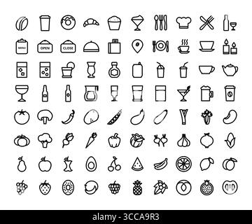 Large set of food and drink minimal icons representing various culinary elements Stock Vector