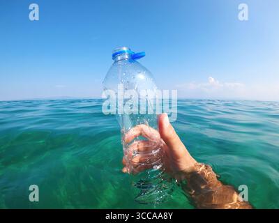 Hand holding an empty plastic bottle in the sea, highlighting ocean pollution and environmental awareness. Shot in clear turquoise water under a blue Stock Photo