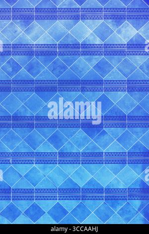 Blue ceramic tiles with Greek pattern as abstract background, vertical image Stock Photo