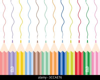 Background with colored pencils and curved drawn lines. Set of multi-colored pencils, wax crayons. Bright artist design, vector graphics Stock Vector