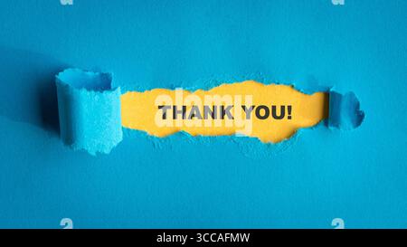 Thank you, typescript text message on top of yellow paper with torn blue paper on top. Stock Photo