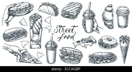 Vector hand drawn sketch set of street food, drinks and snacks. Design elements for cafe or bar menu, food truck branding, festival flyers, and takeaw Stock Vector