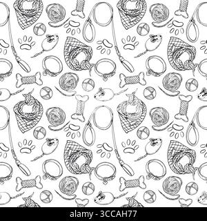 Seamless vector pattern of pet accessories, collars, leashes, dog toys, balls, bones, balls of thread for cats. All objects are hand-drawn with ink Stock Vector