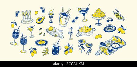 Summer bar blue and yellow design elements. Cocktails, champagne bottle and glasses, limoncello, martini sketch. Italian, French, Greek Mediterranean Stock Vector