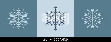 Set of blue Merry Christmas and Happy New Year festive posters with snow flakes. Winter greeting card, tag, banner, stamp, invitation, label design Stock Vector