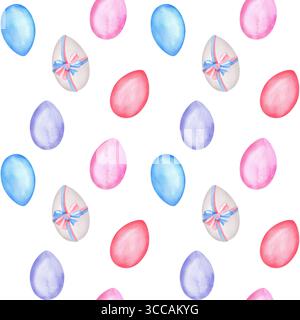 Seamless pattern with white, blue, red, pink, purple and blue watercolor Easter eggs. Happy Easter clipart. Colorful springtime. Hand-drawn illustrati Stock Photo