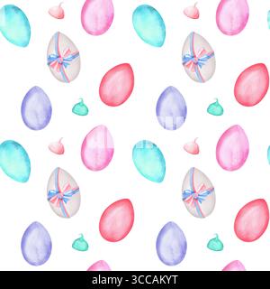 Seamless pattern with white, turquoise, red, pink, purple watercolor Easter eggs and meringues. Happy Easter clipart. Hand-drawn illustration for wrap Stock Photo