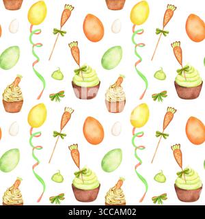 Yellow, green, orange watercolor eggs, cupcakes, meringues, streamer ribbons and carrot cookies in seamless pattern. Happy Easter clipart. Hand-drawn Stock Photo