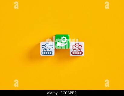 Automation is represented by industrial robots working on a production line and a hand holding a gear, symbolizing control and optimization. Stock Photo
