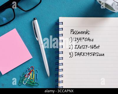 Notebook containing various passwords, accompanied by pen, sticky notes, paper clips, and eyeglasses on a blue background Stock Photo