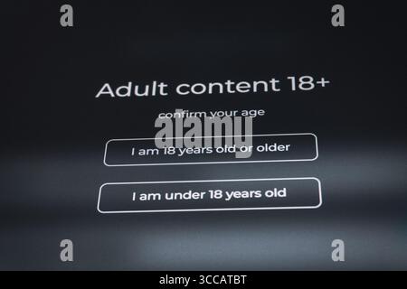 Adult content 18 plus. Age verification screen for an adult content website. Oghuz, Azerbaijan. 26.07.2025. Stock Photo