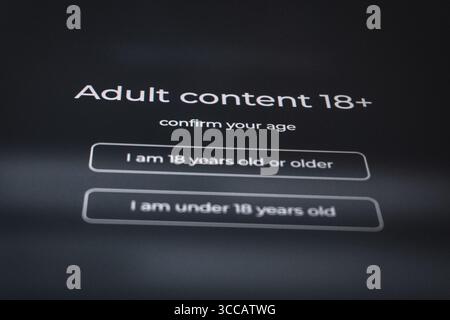Adult content 18 plus. Age verification screen for an adult content website. Oghuz, Azerbaijan. 26.07.2025. Stock Photo
