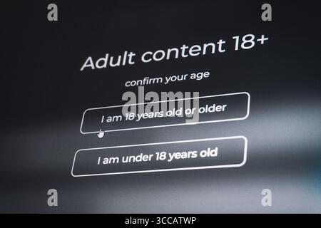 Adult content 18 plus. Age verification screen for an adult content website. Oghuz, Azerbaijan. 26.07.2025. Stock Photo