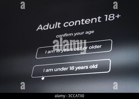 Adult content 18 plus. Age verification screen for an adult content website. Oghuz, Azerbaijan. 26.07.2025. Stock Photo