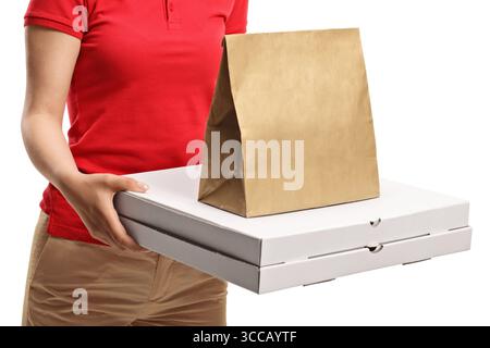 Pizza delivery person holding boxes isolated on white background Stock Photo