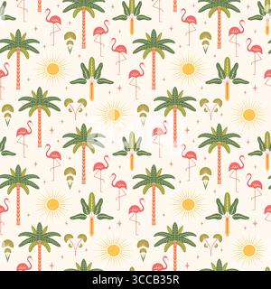 Tropical seamless pattern vector illustration. Modern exotic vacation repeat tile with flamingos, palm trees, sun in symmetrical Art deco style Stock Vector