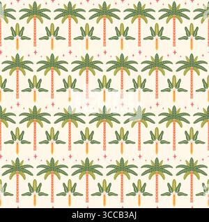 Boho palm trees vector seamless pattern illustration. Modern tropical summer repeat tile design. Stylized symmetrical exotic palms, stars background Stock Vector