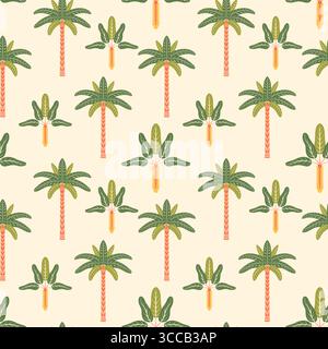 Palm trees vector seamless pattern illustration. Modern tropical summer repeating design. Stylized symmetric exotic island plants on light background Stock Vector
