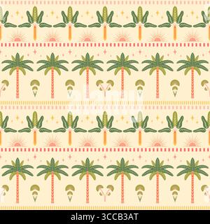 Tropical border seamless pattern vector illustration. Horizontal summer design. Palm trees, stars, half sun elements, dashed lines on light background Stock Vector