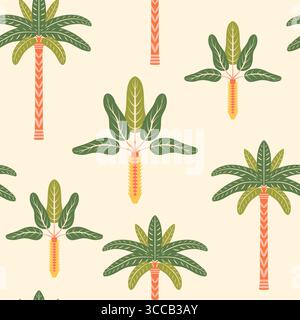 Palm trees vector seamless pattern illustration. Modern tropical summer repeating design with stylized symmetrical coconut and banana trees on light Stock Vector