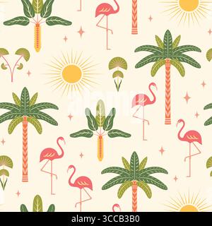 Tropical seamless pattern vector illustration. Modern exotic vacation repeat tile. Pink flamingos, palm trees, sun, light cream background Stock Vector