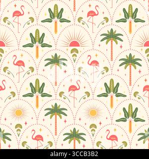 Tropical seamless pattern vector illustration. Pink flamingos, bright palm trees, sun shapes on light scallop arch background. Summer beach vacation Stock Vector