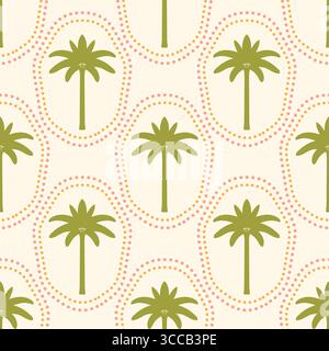 Green palm trees silhouettes vector seamless pattern illustration. Block print tropical plants with rounded frames on light background for fabric Stock Vector