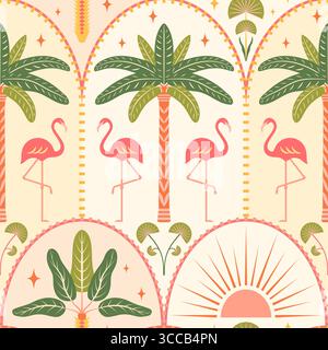Tropical beach seamless pattern vector illustration. Flamingos, palm trees, sun in Art deco arches on a light background. Summer island vacation vibes Stock Vector