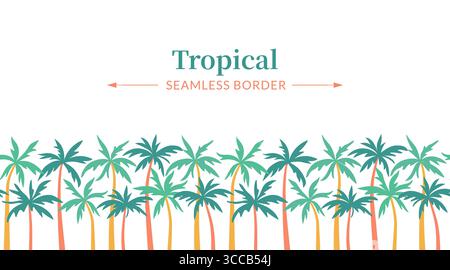 Palm trees vector seamless border. Tropical horizontal border frame isolated on white background. Exotic jungle plants in minimalist flat cartoon Stock Vector
