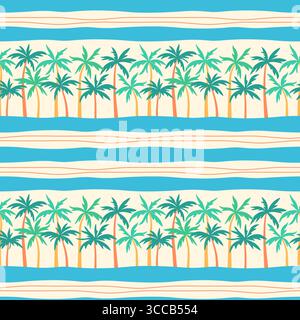 Palm trees vector seamless pattern. Tropical beach design with palms and blue wavy stripes on sand beige background. Exotic summer island vacation Stock Vector