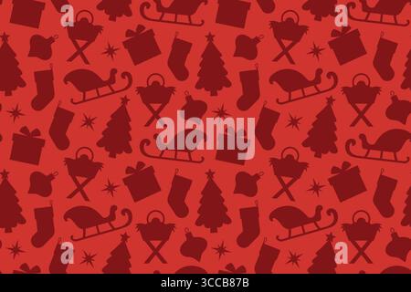 red seamless christmas pattern with present, tree with star, stocking, nativity scene, santa sleigh, bauble and star icons - vector illustration Stock Vector