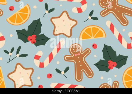 christmas, winter, holiday seamless pattern with gingerbread cookies, candy canes, holly berry, mistletoe and dried orange slices; great for greeting Stock Vector