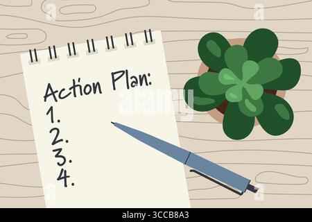 Action plan written in spiral notebook and house plant on wooden desk- vector illustration Stock Vector