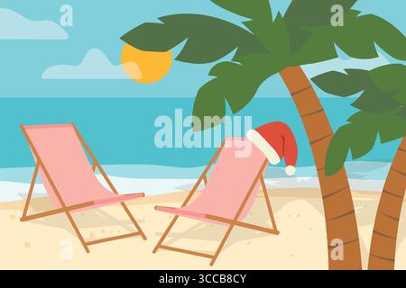 spending christmas on the tropical beach, Santa hat on sunbed- vector illustration Stock Vector