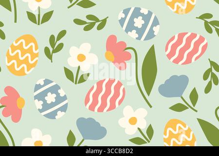 spring, easter seamless pattern with flowers and decorated eggs- vector illustration Stock Vector
