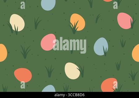 seamless pattern with colorful easter eggs in the grass; concept of egg hunt which is a children game typically played during Easter- vector illustrat Stock Vector