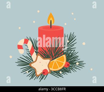 advent, christmas candle with fir tree branches, gingerbread cookie, dried orange slice and candy cane- vector illustration Stock Vector