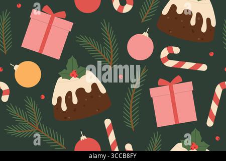 christmas seamless pattern with christmas pudding, candy cane, bauble, gift box, holly and fir twigs; great for wrapping, greeting cards, social media Stock Vector