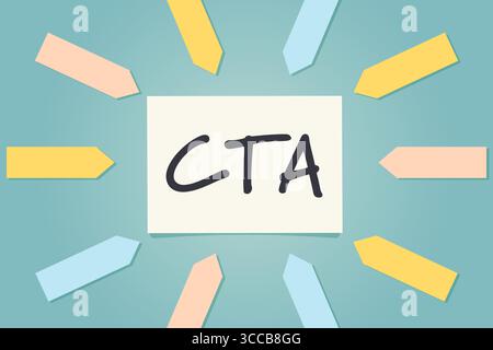 paper arrows pointing to the note card with CTA (Call to action) acronym- vector illustration Stock Vector